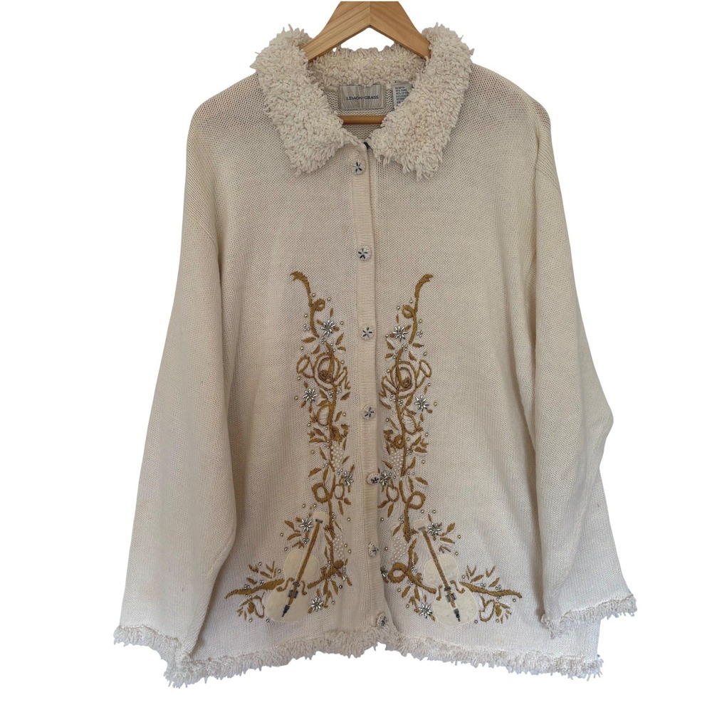 Vintage Lemon Grass Christmas Cardigan Sweater 3X‎ Ivory Beaded Festive Holiday